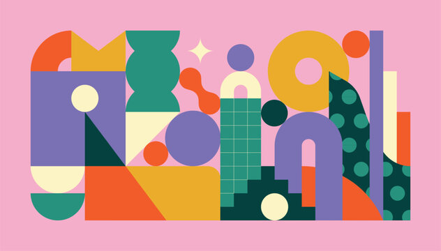Colorful flat vector illustration of geometric shape assembly forming a playful and balanced composition