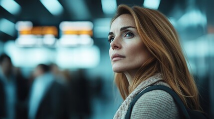 This image depicts a red-haired woman at a modern transit hub, looking pensive and contemplative as people move around her, creating a sense of solitude in a busy environment.