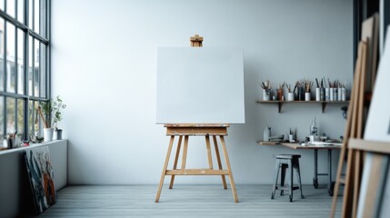 A well-lit modern art studio with a blank canvas on an easel, exposed brick walls, and shelves filled with art supplies, showcasing a ready-to-create atmosphere.