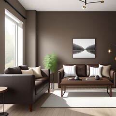 Modern living room with chocolate brown wall, sunlight shadow.