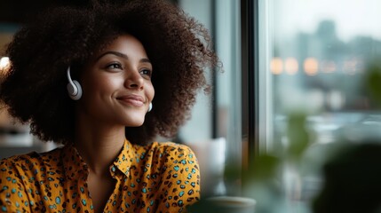 A woman wearing white headphones, sitting by a window in a cafe, lost in thought and enjoying a peaceful moment, dressed in a yellow printed blouse.