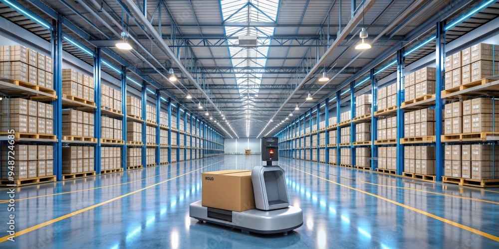 Poster rendering of autonomous robotic transportation system in a smart factory warehouse setting, smart factory, 5G