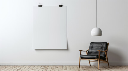 A mockup of a blank poster taped to the wall, white background 