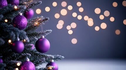 A Christmas tree adorned with purple baubles and twinkling lights.
