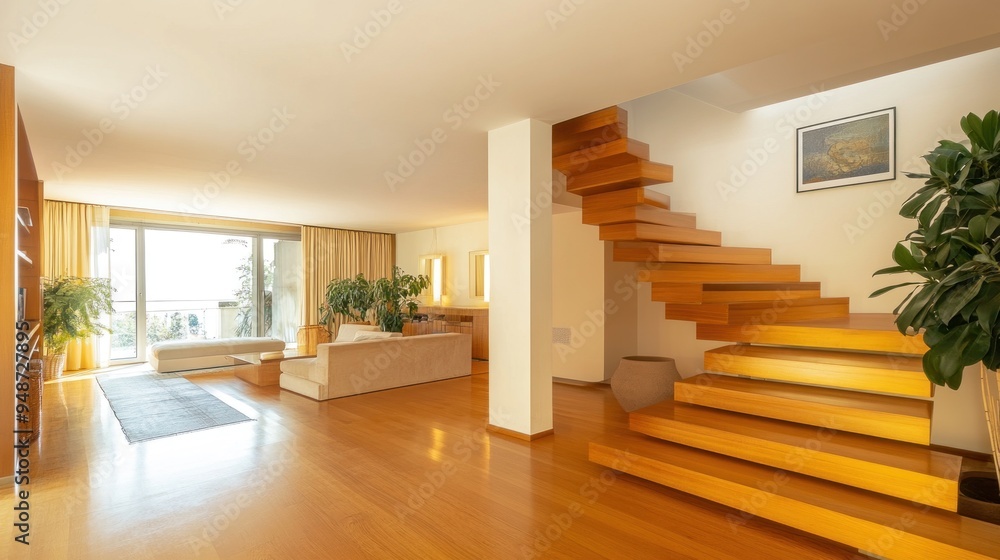 Sticker Modern living room with wooden stairs and large windows.