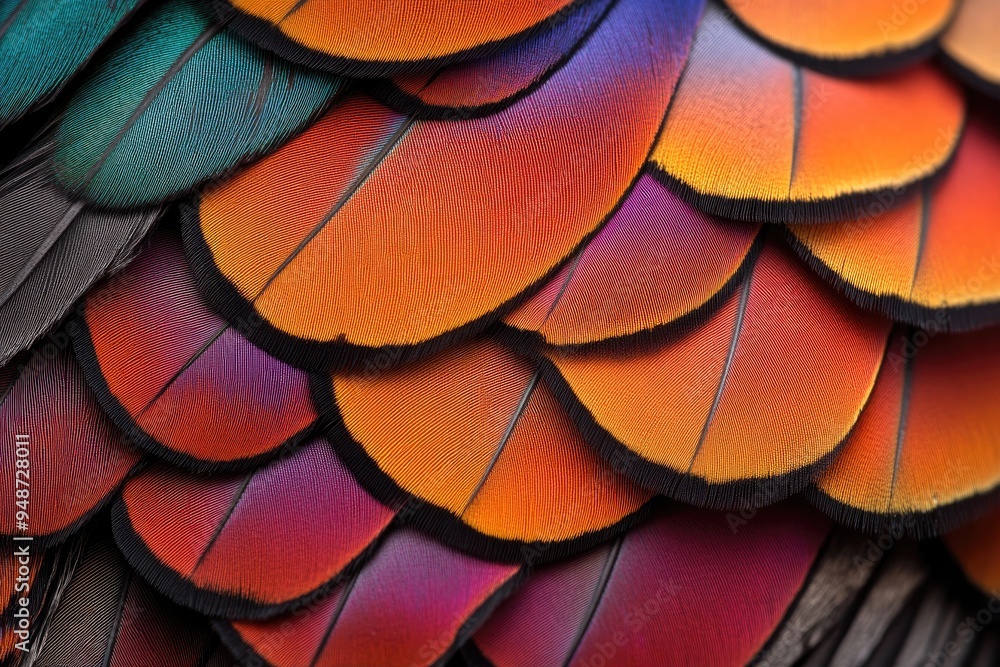 Poster colorful feathers form a vibrant pattern. perfect for projects needing a natural, textured backgroun