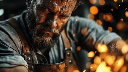 A blacksmith in action is captured working on heated metal at a forge. The sparks fly as he shapes the metal, dressed in work attire, in a dimly lit workshop.