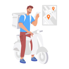 A flat illustration of food delivery on scooter 

