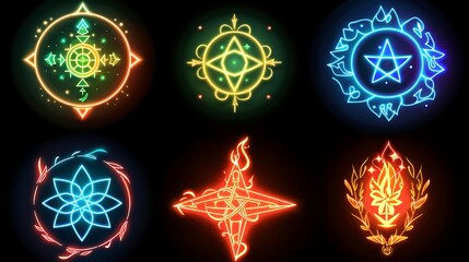 Set of magic witchcraft astrology Four Elements neon signs isolated on black backgrund. Vector illustration