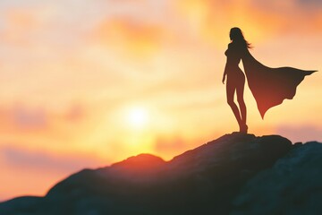 Silhouette of a Woman in a Cape at Sunset