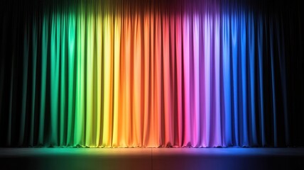 Stage lights forming a rainbow effect across a curtain backdrop, adding a playful and festive touch to the event, stage lights backdrop, rainbow lighting