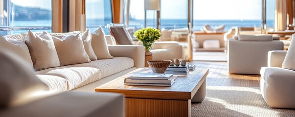 Modern luxury living room with ocean view, furnished with comfortable sofas, coffee table, and elegant decor. Bright and airy interior.