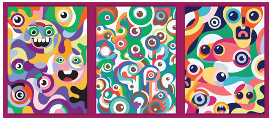 Vibrant abstract pop art design featuring playful, multicolored, cartoon-like faces and eyes. Ideal for modern wall art, social media graphics, or quirky product packaging. Vector illustration