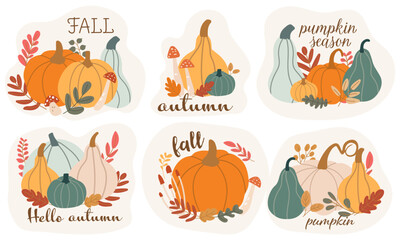 Set of autumn season stickers. Collection of fall harvest festival or thanksgiving elements. Color vector illustration.