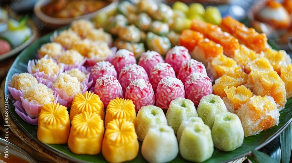 Poster close-up of a colorful array of thai desserts, such as khanom krok and bua loy, arranged beautifully