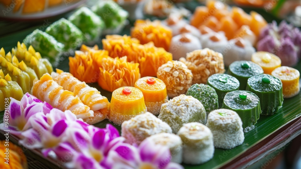 Poster close-up of a colorful array of thai desserts, such as khanom krok and bua loy, arranged beautifully
