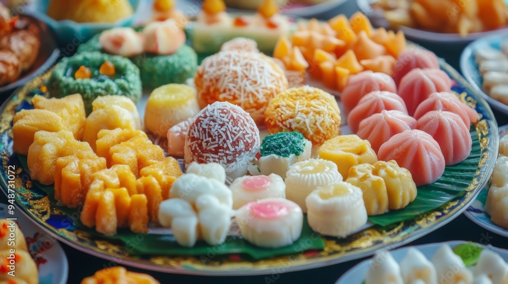 Poster close-up of a colorful array of thai desserts, such as khanom krok and bua loy, arranged beautifully