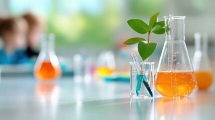A science lab filled with microscopes, beakers, test tubes, and other equipment, with students conducting experiments.