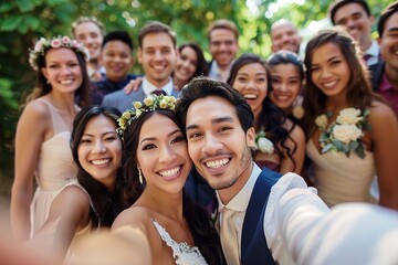 Fototapeta premium Happy couple selfie at wedding with friends