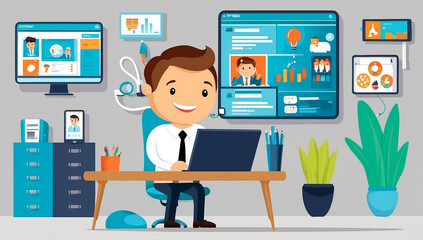 Fototapeta premium Happy cartoon businessman in office with computer, illustration flat design
