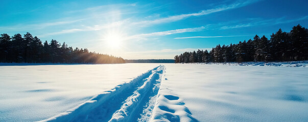 A serene winter landscape with a snow-covered path leading into a peaceful, sunny horizon surrounded by evergreen trees.