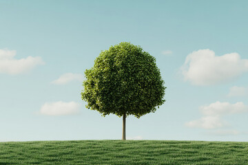 A solitary tree stands gracefully on a hill, surrounded by green grass and a clear blue sky, symbolizing nature's beauty.