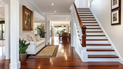 A spacious hallway with hardwood floors, white walls, a white sofa, a houseplant in a pot, a picture hanging on the wall, and a staircase leading upstairs.