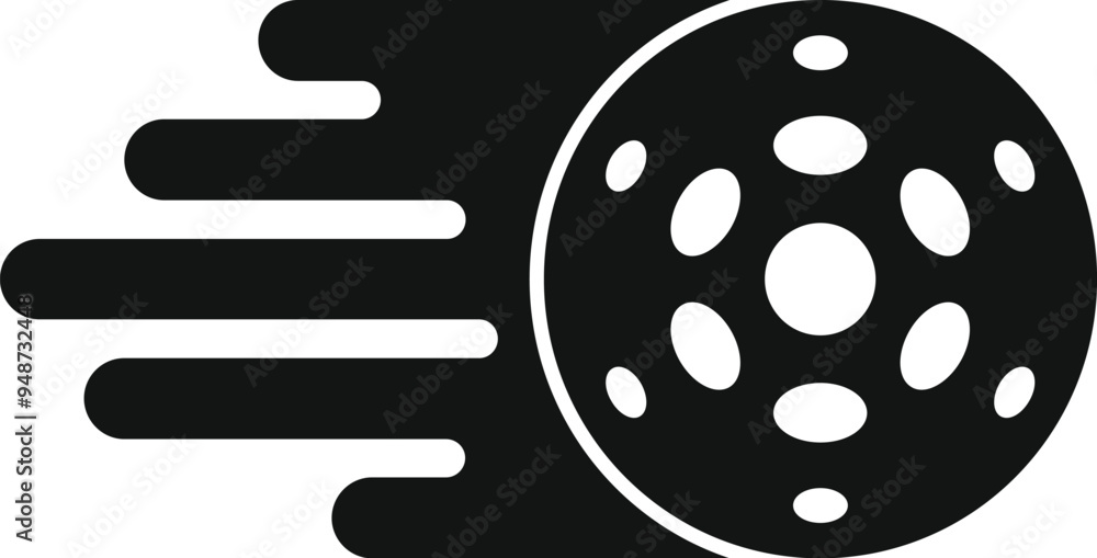 Poster black and white icon of a round textured object moving fast and leaving a trail