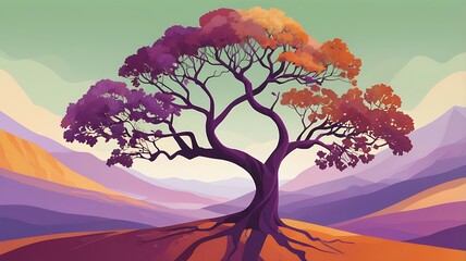 Illustrated landscape featuring a large tree with colorful leaves against rolling hills in vibrant, abstract style