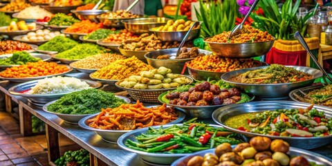 Fototapeta premium Vibrant Thai street food feast in a lively market scene, Thailand, street food, feast, market, colorful, traditional, cuisine