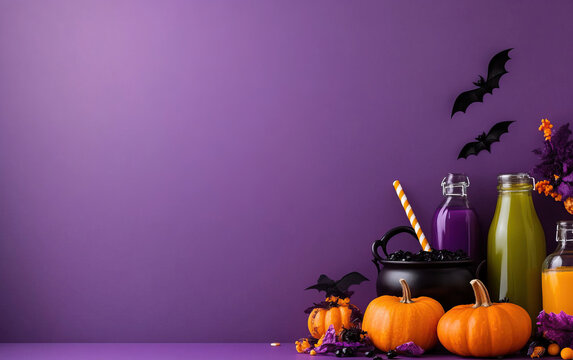 Colorful Halloween scene featuring pumpkins, drinks, and bats against a vibrant purple backdrop.