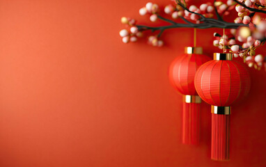 Elegant red lanterns hang gracefully against a warm orange backdrop, symbolizing joy and celebration.