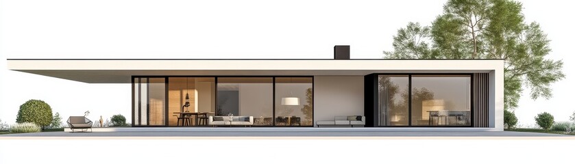 Modern minimalist house with large glass windows, open living space, and sleek architecture, surrounded by nature.