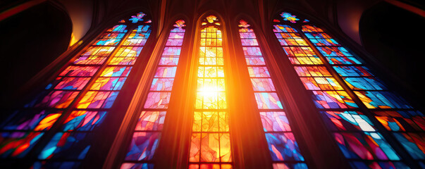 Obraz premium Stunning stained glass window displaying vibrant colors and light, creating a sacred atmosphere in a spiritual space.