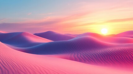 Stunning desert landscape at sunrise, showcasing soft pink and purple dunes under a vibrant sky.