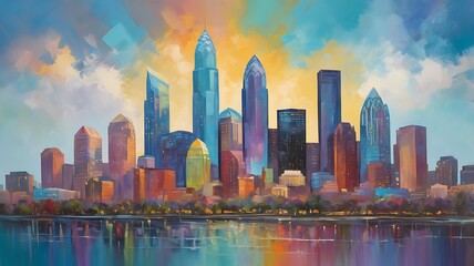 Fototapeta premium Abstract vibrant oil painting of the skyline of Charlotte, North Carolina with lots of details