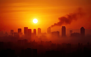 Vibrant urban skyline at sunset with silhouettes of high-rise buildings and smoke against an orange sky.