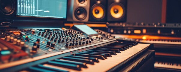 Modern music production studio with a professional audio mixing console, keyboard, and speakers, perfect for creative sound recording and mixing.