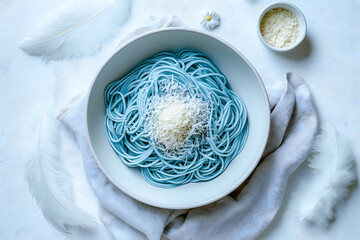 Elegant Blue Spaghetti Dish on White Table