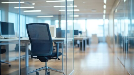 Modern open office with glass partitions, ergonomic chairs, and computer desks, creating an efficient and professional workspace.