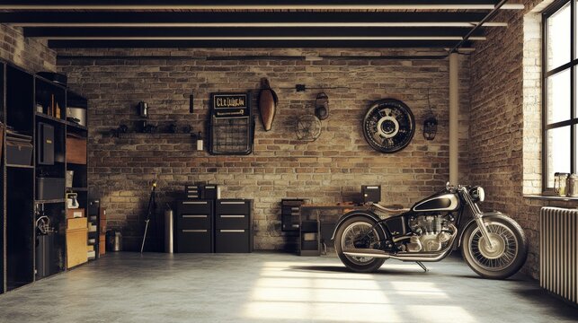 A classic motorcycle parked in a garage with exposed brick walls, a workbench, and an industrial feel.