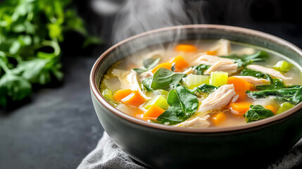 A comforting bowl of chicken soup filled with vegetables like carrots