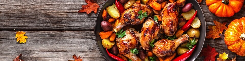 Fried chicken garnished with pumpkin, peppers and potatoes. 