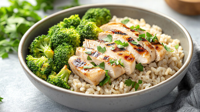 High-angle shot of a bowl of brown rice with grilled chicken and steamed broccoli