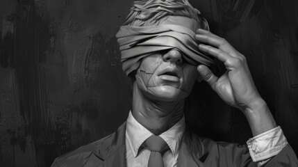 Blindfolded man in a suit against a textured background.