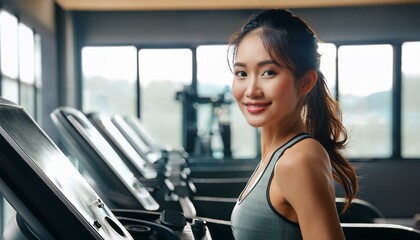 Fototapeta premium ランニングマシンで運動する若い女性(Young woman exercising on a treadmill, wearing stylish workout clothes) 