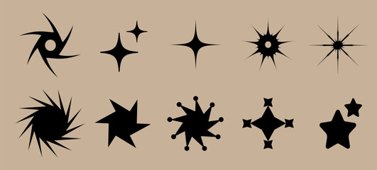 Futuristic, stars set, y2k, style, collection stars, vector illustration, 10EPS