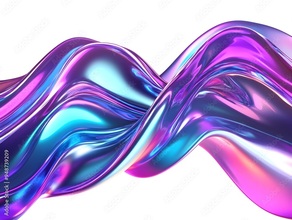 Poster shimmering neon waves cascading across a chrome like metallic surface