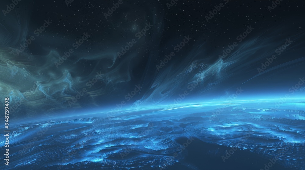 Wall mural Blue planet with stars and clouds in dark space.