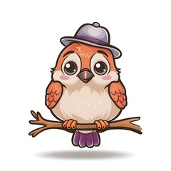 Naklejka premium A delightful cartoon illustration of a sparrow bird, which is depicted as cute and friendly. The bird is sitting in a nest and has big, expressive eyes.